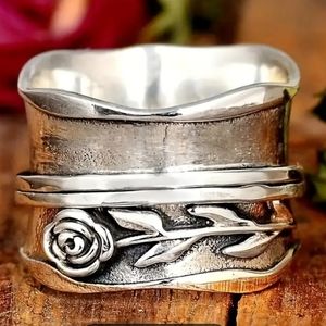 Boho Ring Wide Band Wildflower Rose Silver Womans Size 8